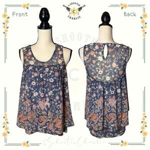 Knox Rose Cottagecore Boho Babydol Tiered Mesh Floral Sleeveless Blouse Size Med